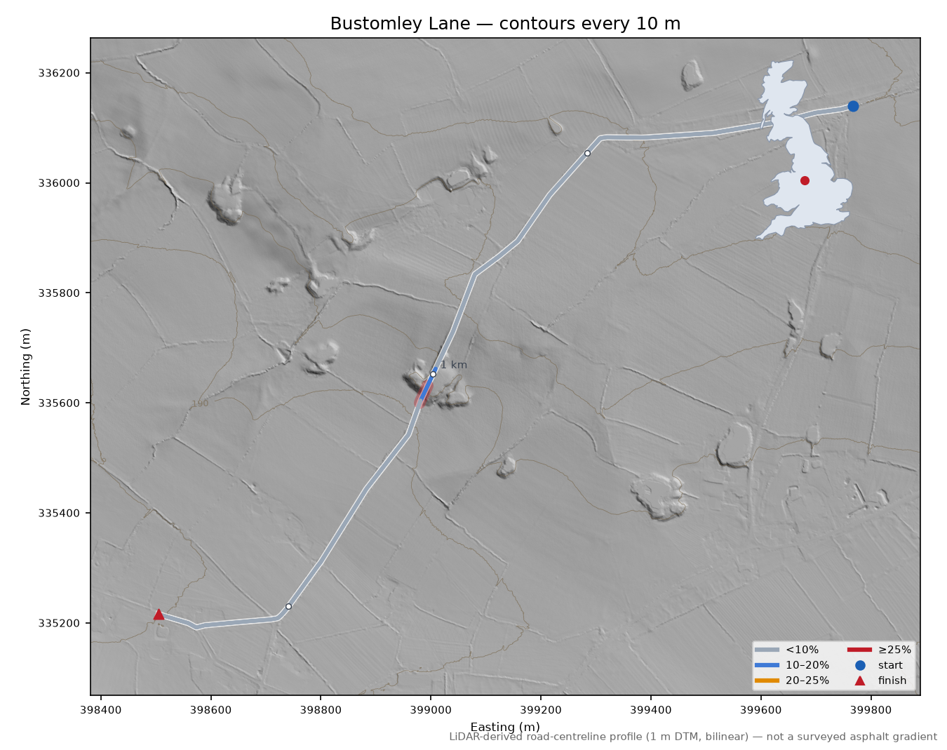 Bustomley Lane LiDAR hillshade map with contours