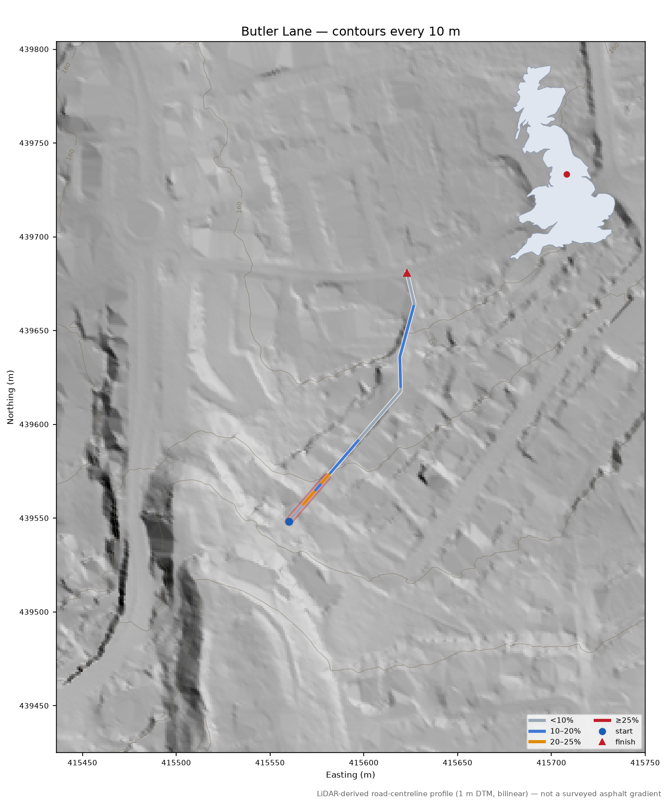 Butler Lane LiDAR hillshade map with contours