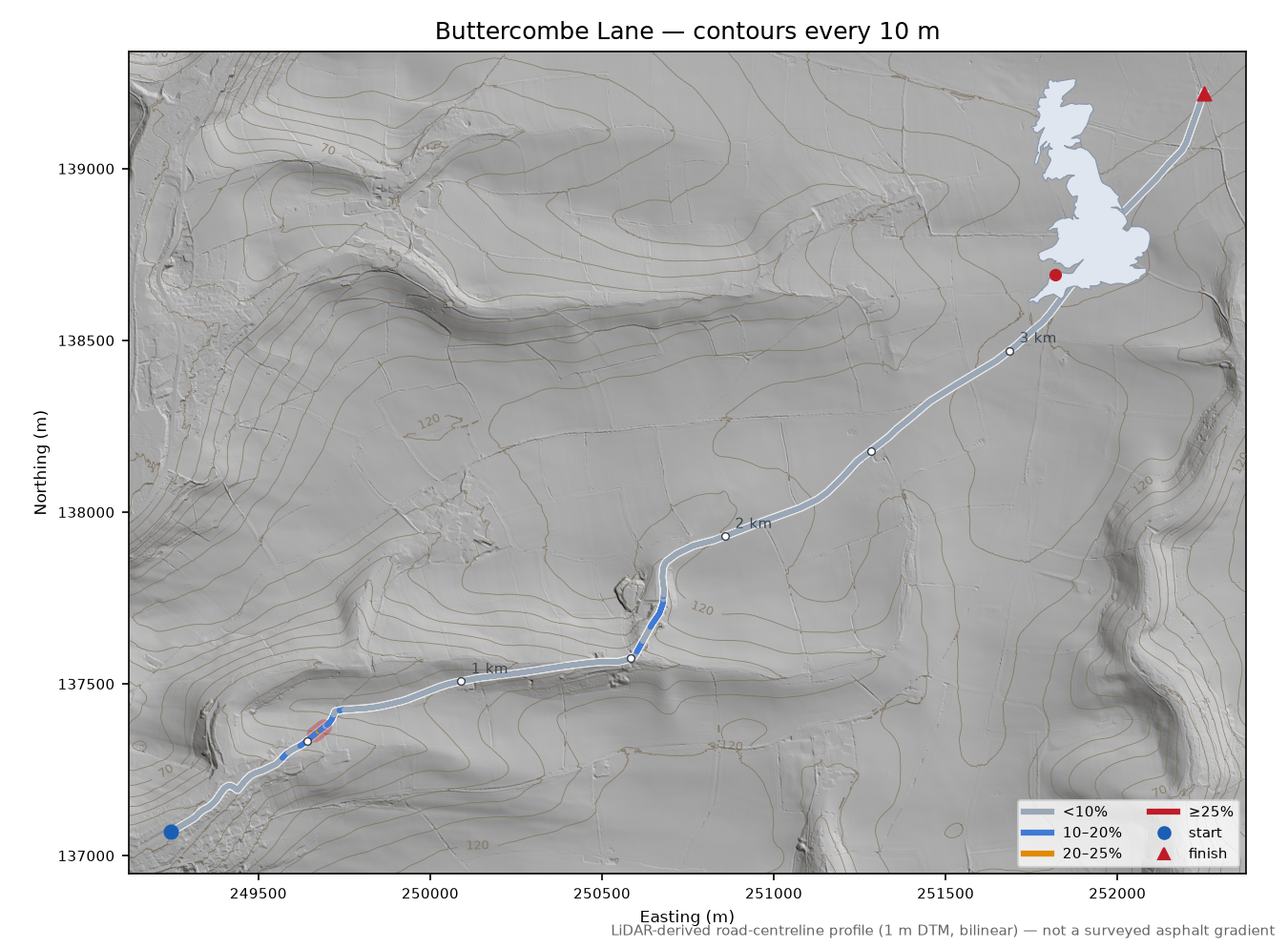 Buttercombe Lane LiDAR hillshade map with contours