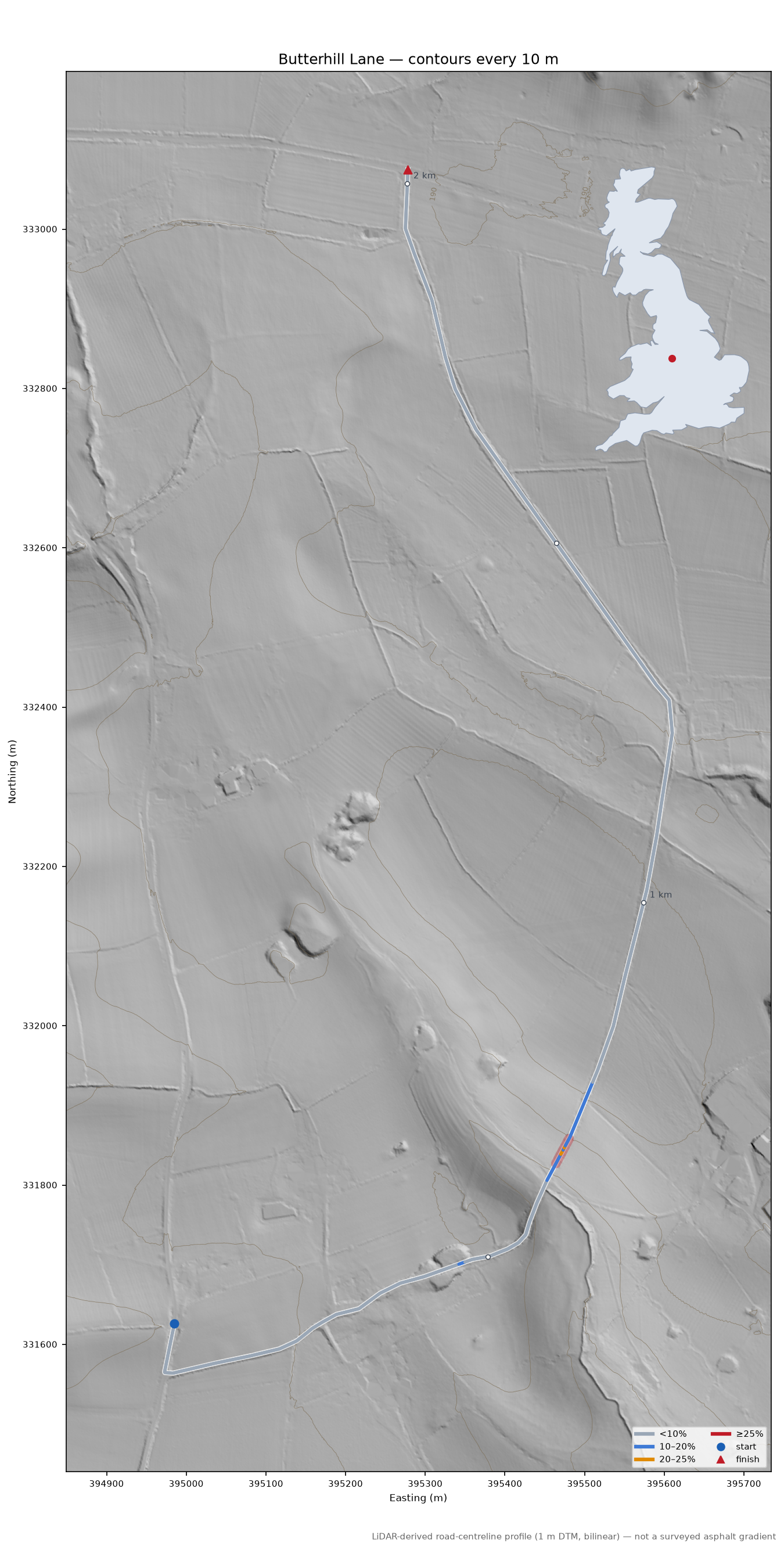 Butterhill Lane LiDAR hillshade map with contours