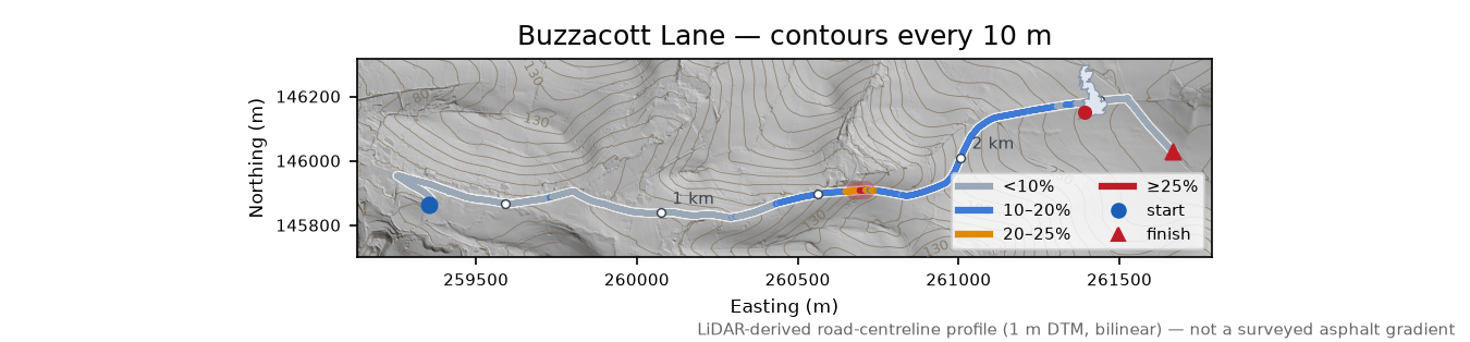 Buzzacott Lane LiDAR hillshade map with contours
