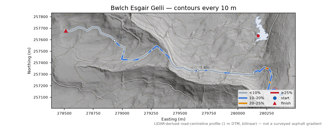 Bwlch Esgair Gelli LiDAR hillshade map with contours