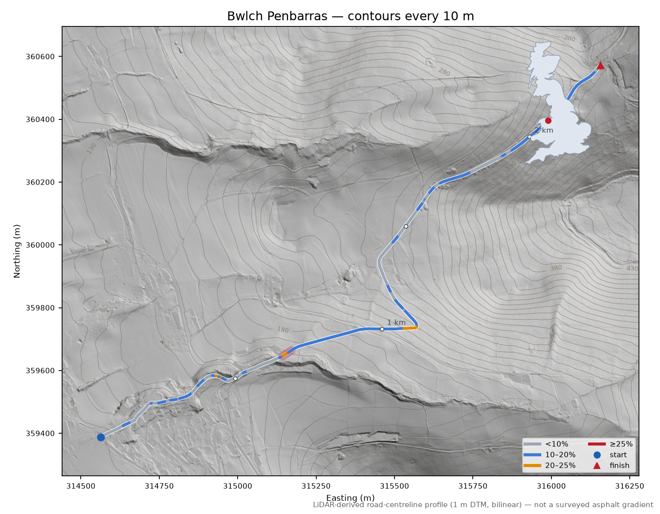 Bwlch Penbarras LiDAR hillshade map with contours