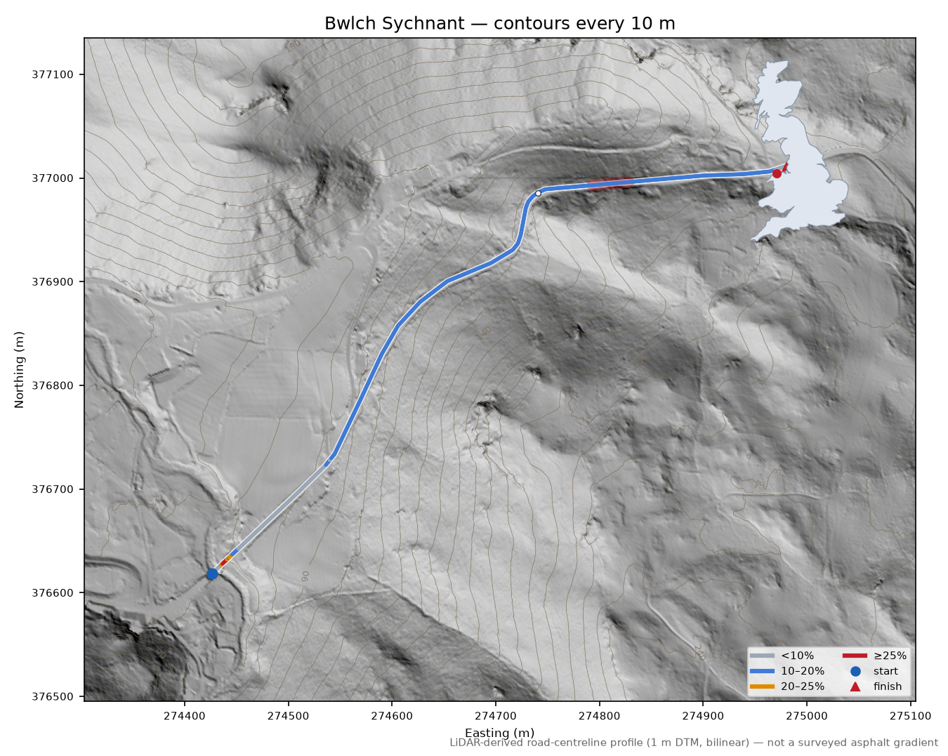Bwlch Sychnant LiDAR hillshade map with contours