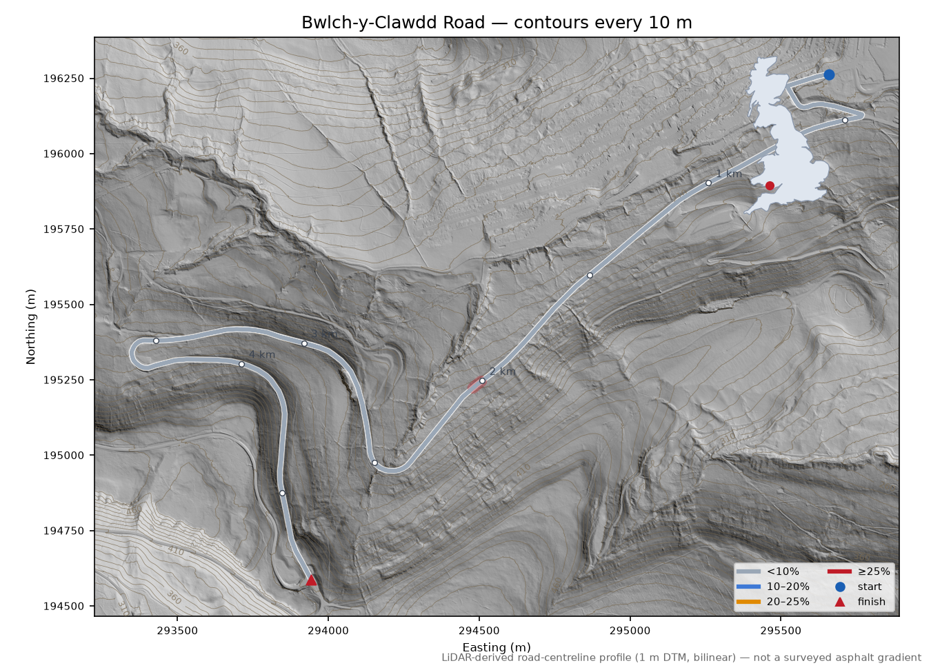 Bwlch-y-Clawdd Road LiDAR hillshade map with contours