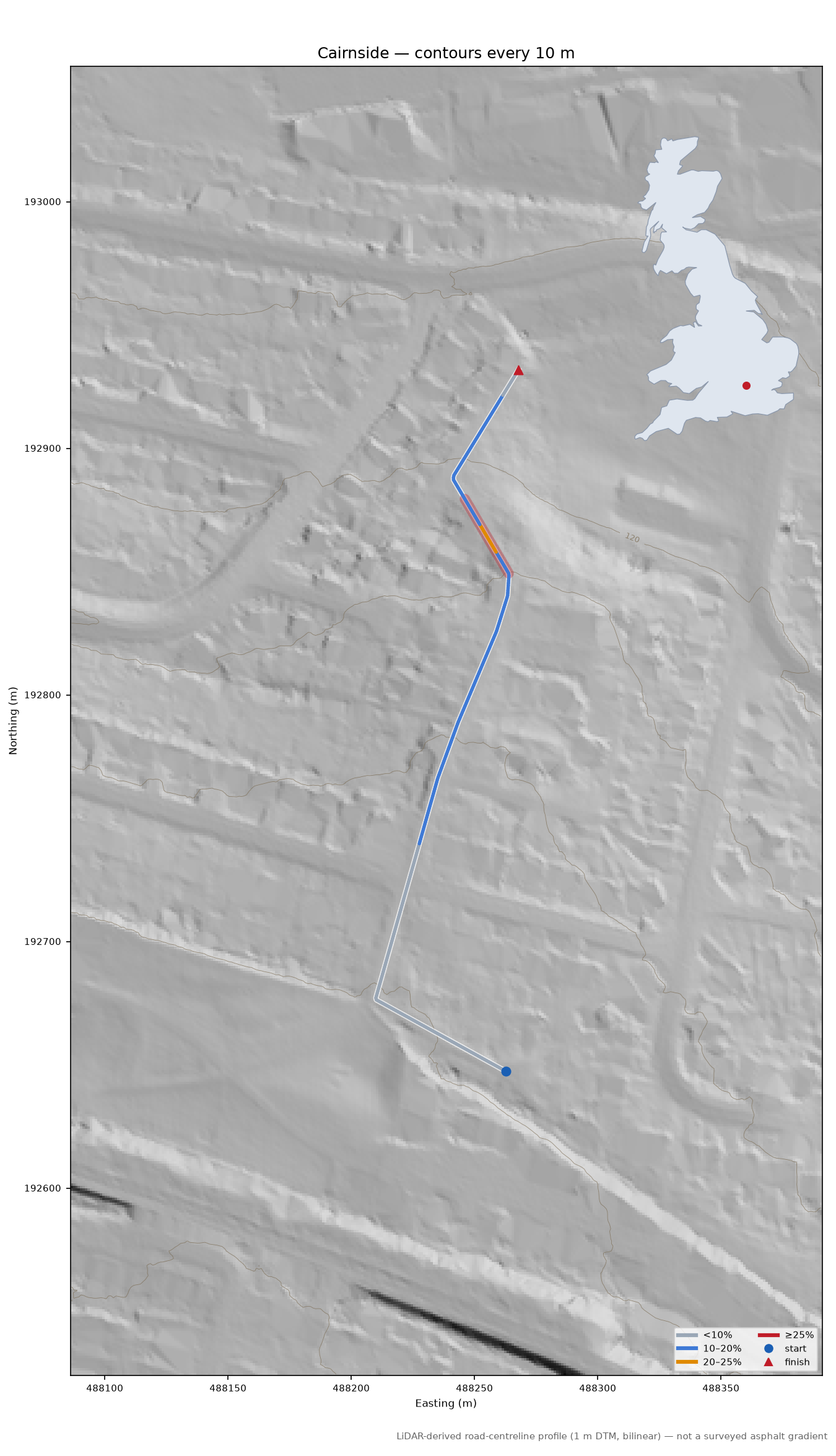 Cairnside LiDAR hillshade map with contours