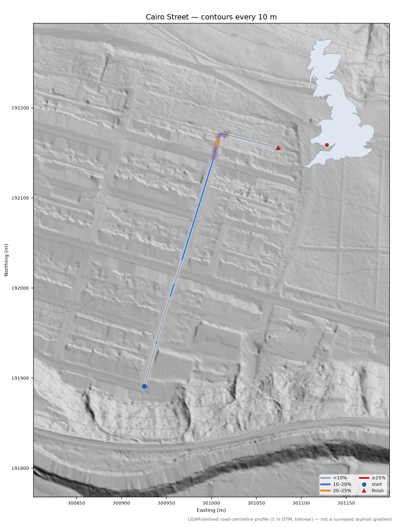 Cairo Street LiDAR hillshade map with contours