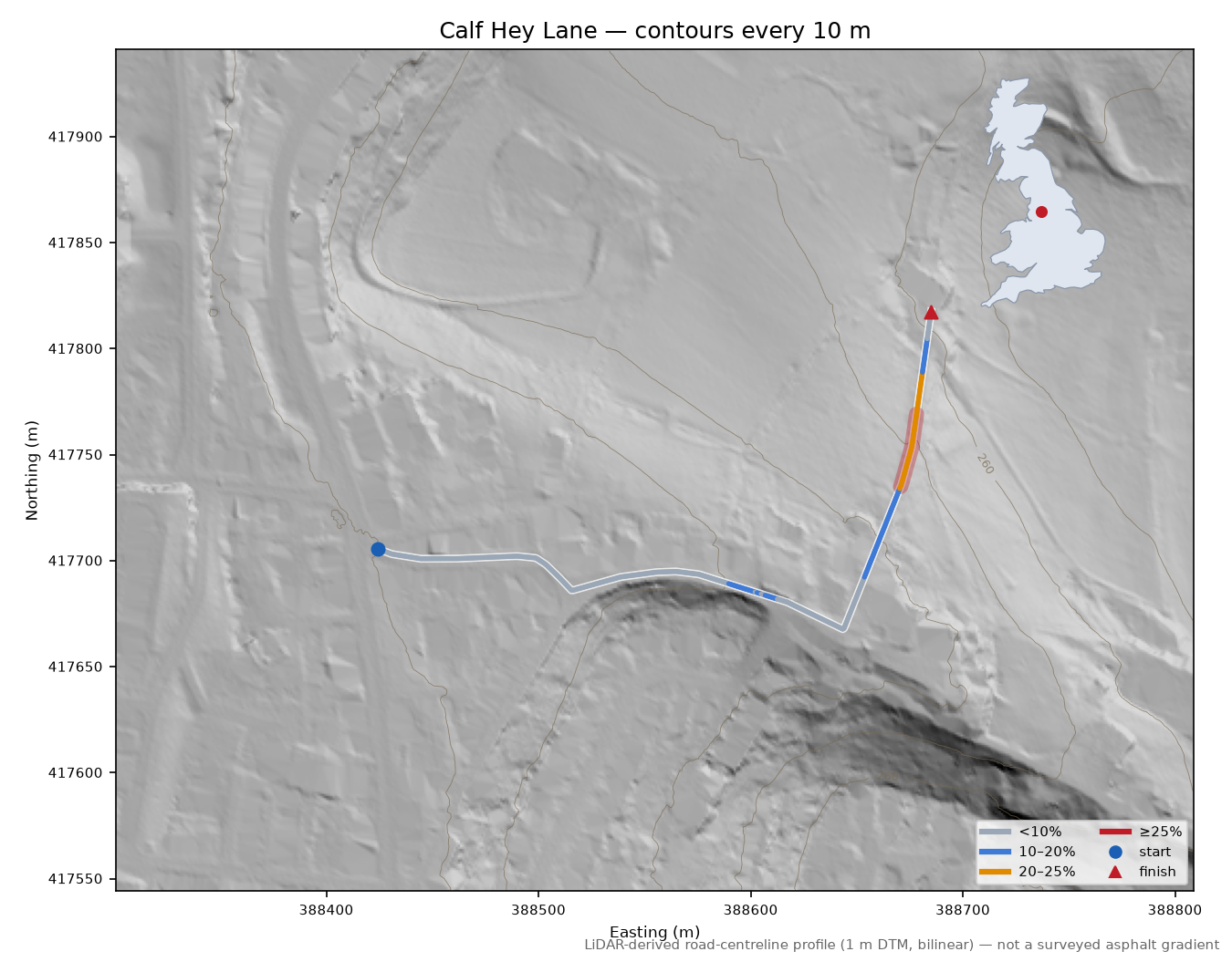 Calf Hey Lane LiDAR hillshade map with contours