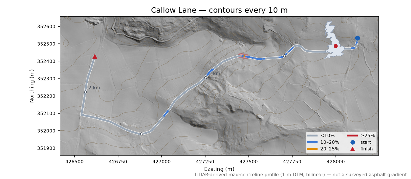 Callow Lane LiDAR hillshade map with contours