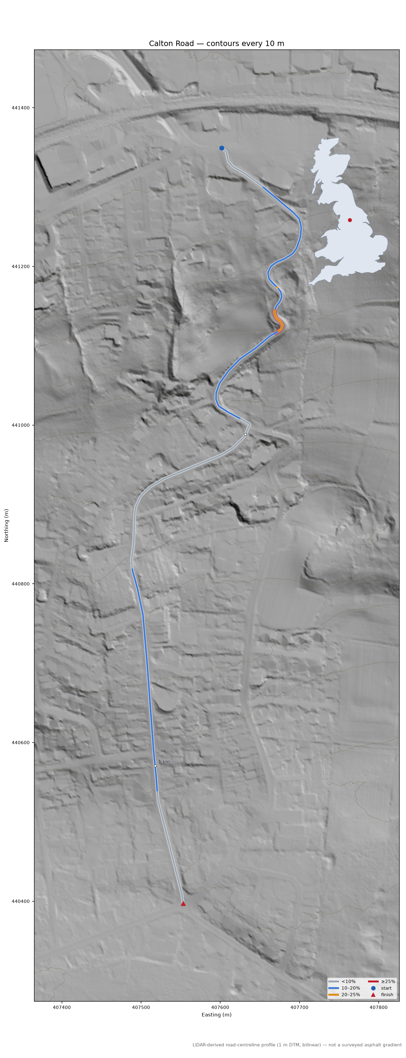Calton Road LiDAR hillshade map with contours