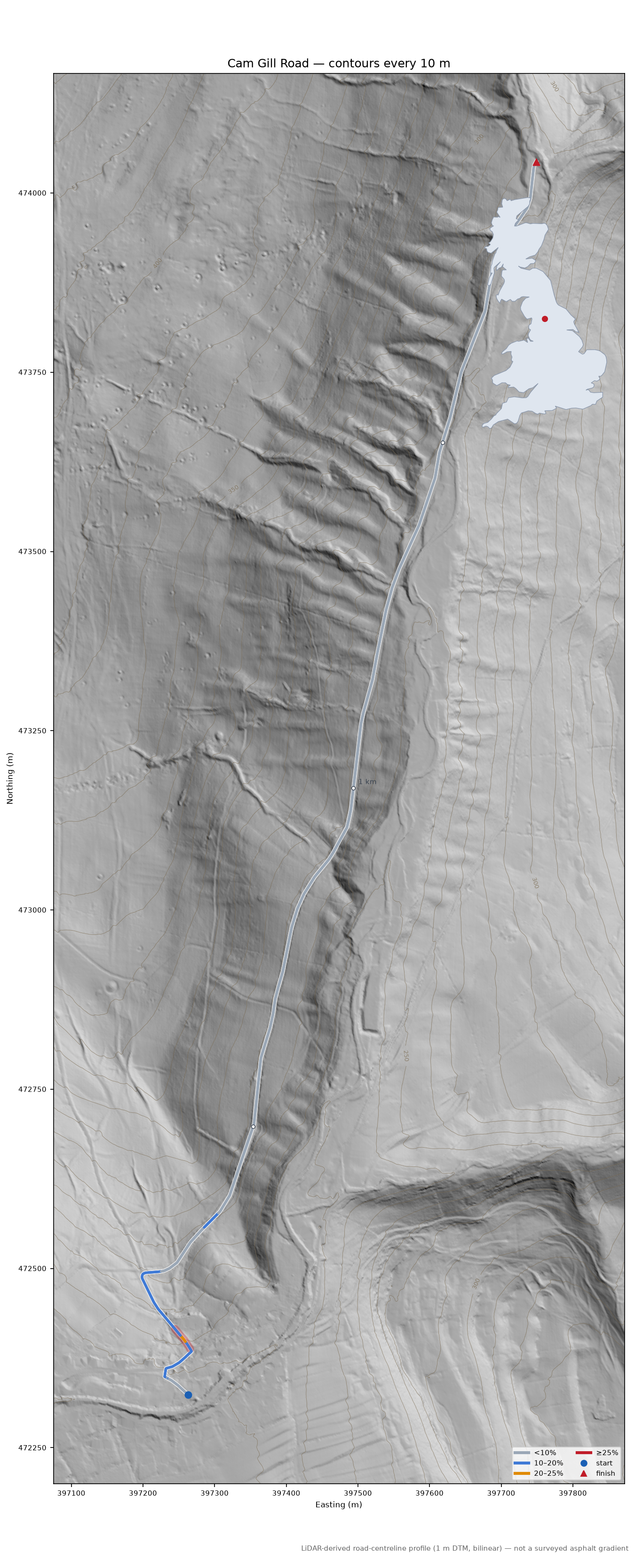 Cam Gill Road LiDAR hillshade map with contours