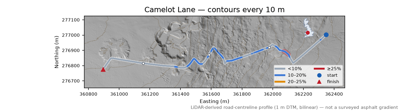 Camelot Lane LiDAR hillshade map with contours