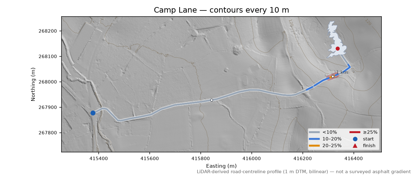 Camp Lane LiDAR hillshade map with contours