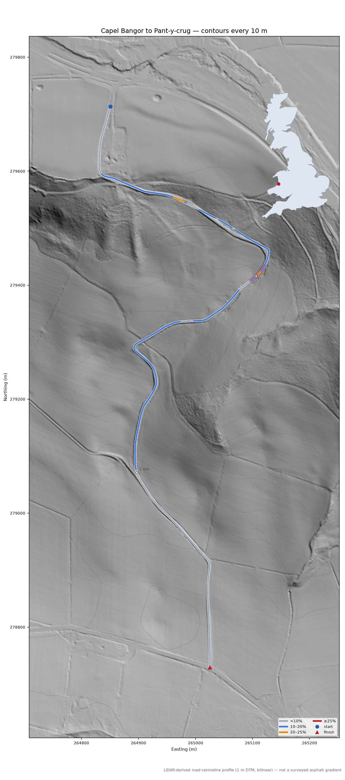 Capel Bangor to Pant-y-crug LiDAR hillshade map with contours