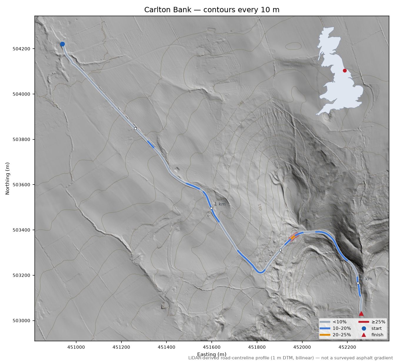 Carlton Bank LiDAR hillshade map with contours