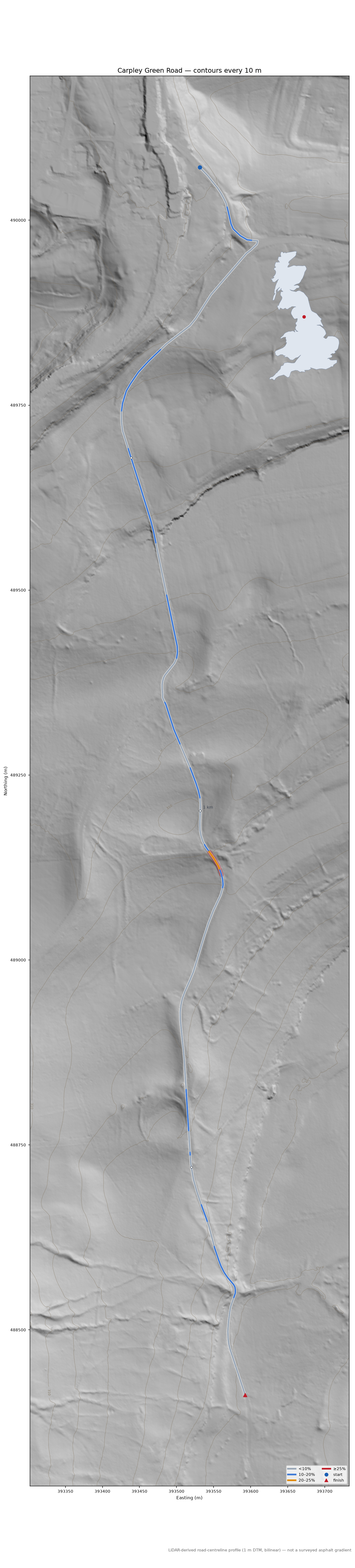Carpley Green Road LiDAR hillshade map with contours