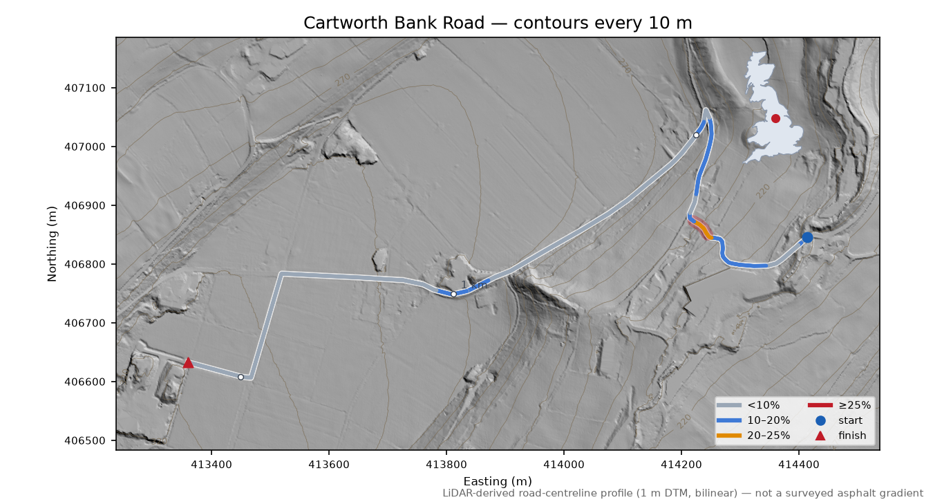 Cartworth Bank Road LiDAR hillshade map with contours