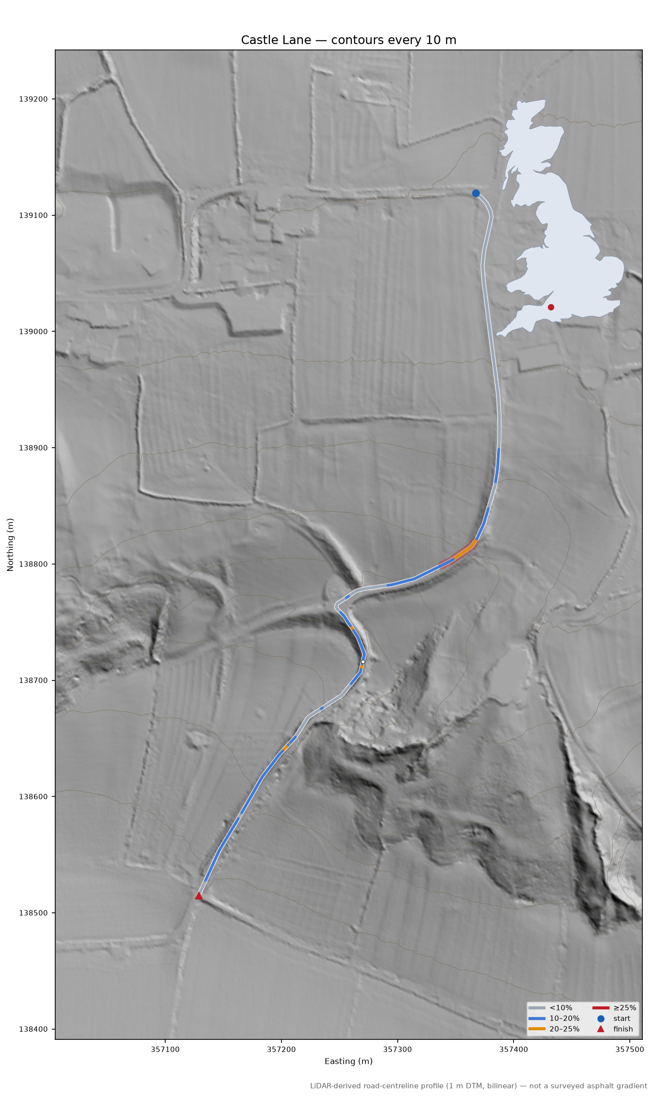 Castle Lane LiDAR hillshade map with contours