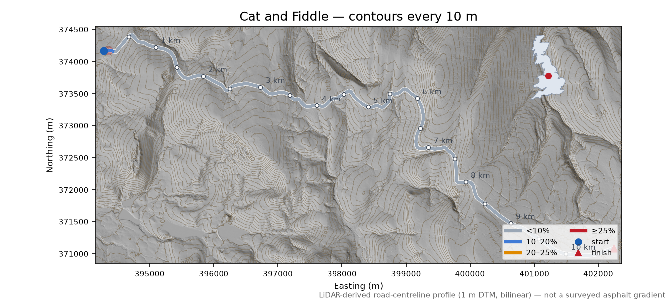 Cat and Fiddle LiDAR hillshade map with contours