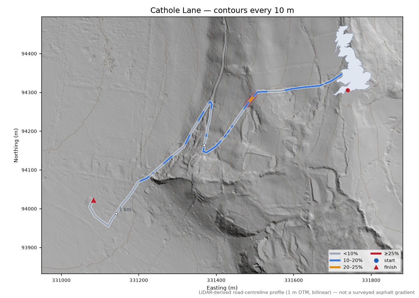 Cathole Lane LiDAR hillshade map with contours
