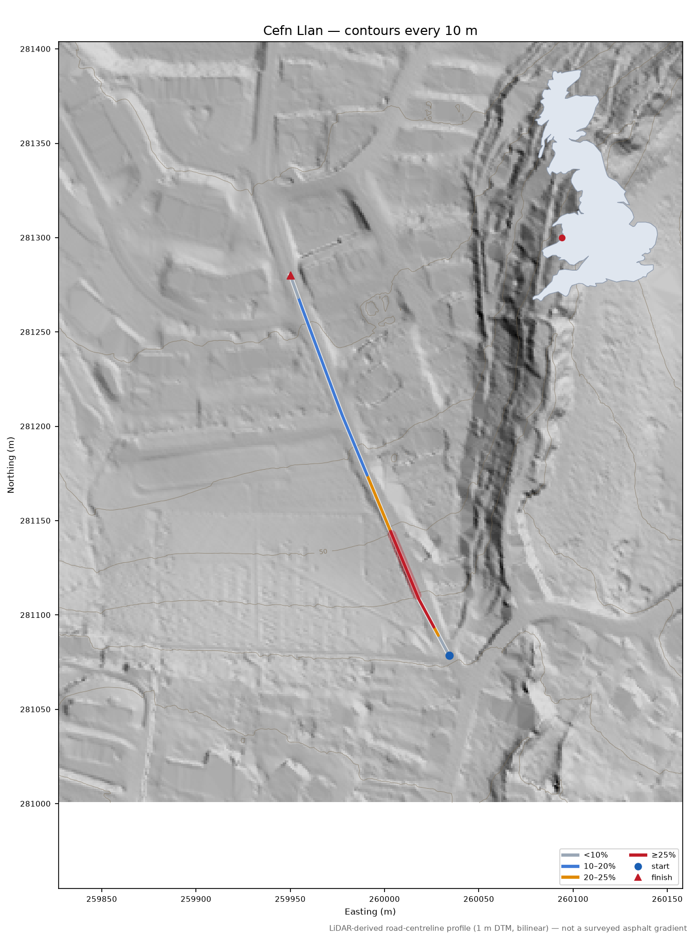 Cefn Llan LiDAR hillshade map with contours