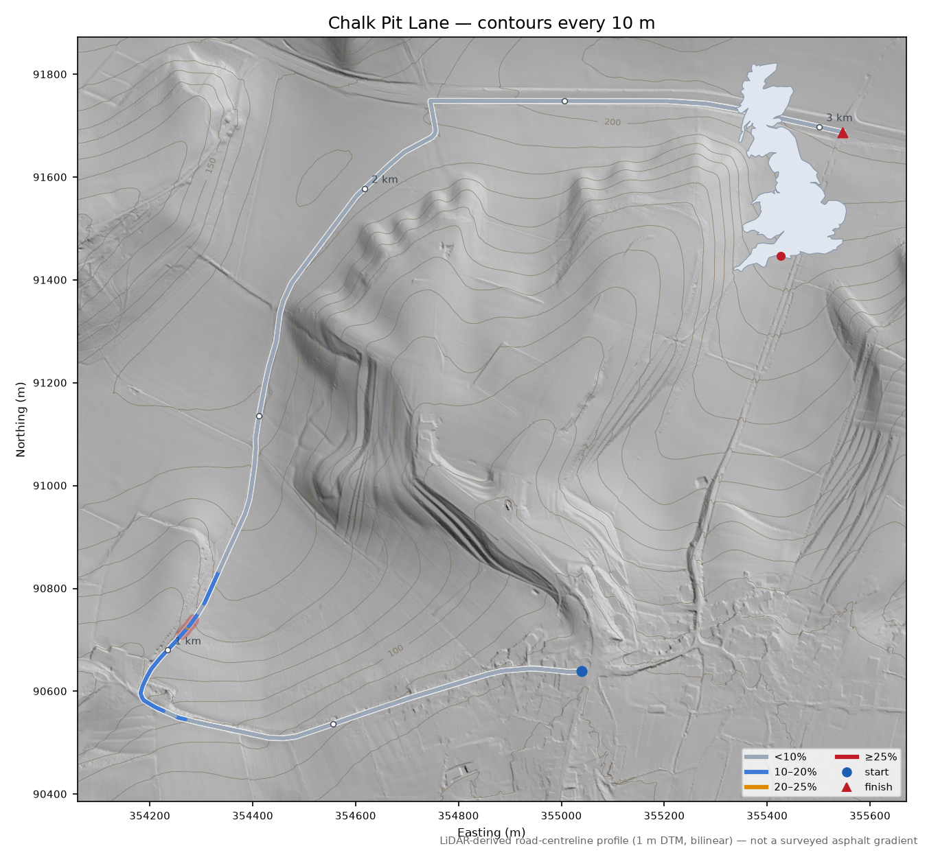 Chalk Pit Lane LiDAR hillshade map with contours