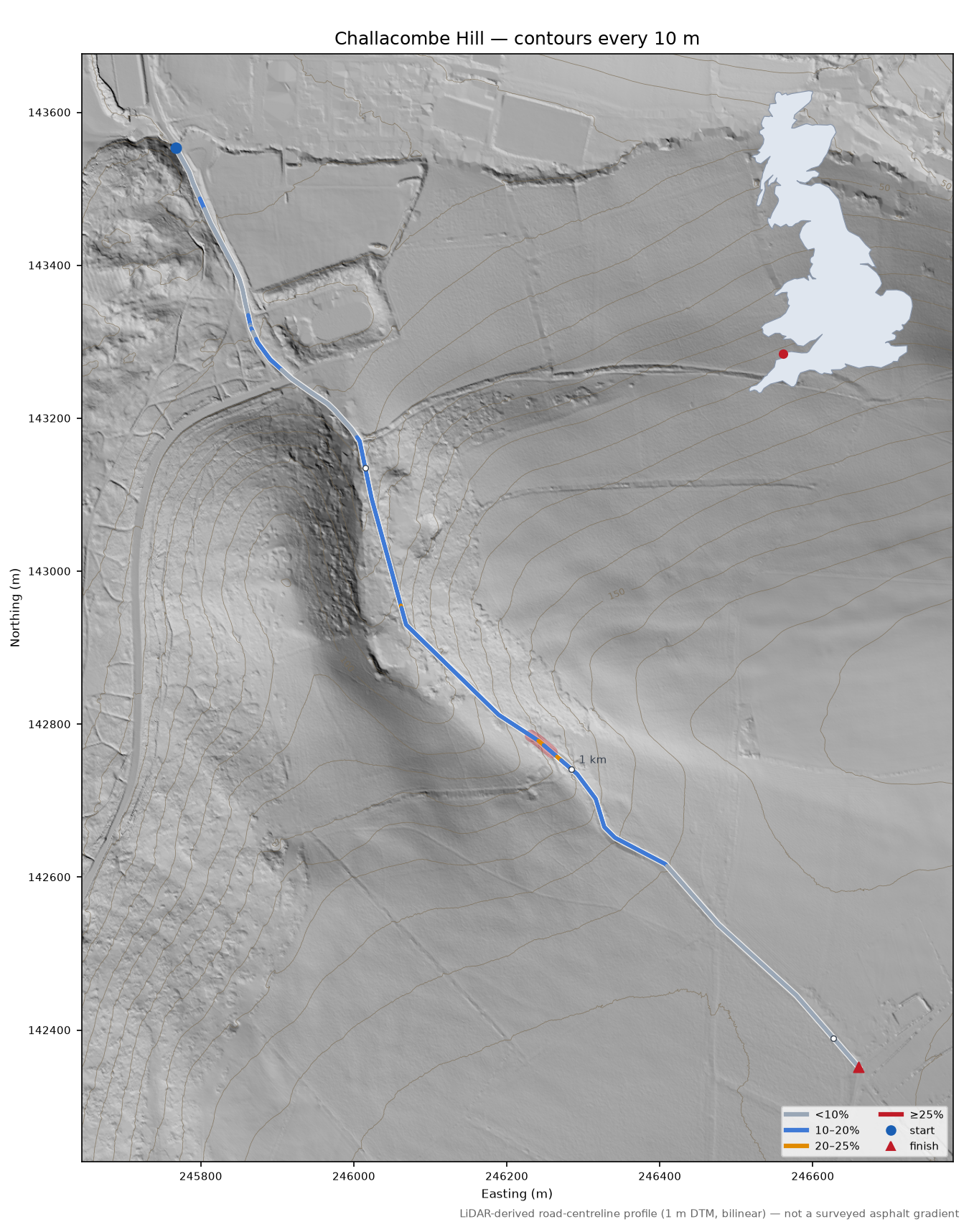 Challacombe Hill LiDAR hillshade map with contours