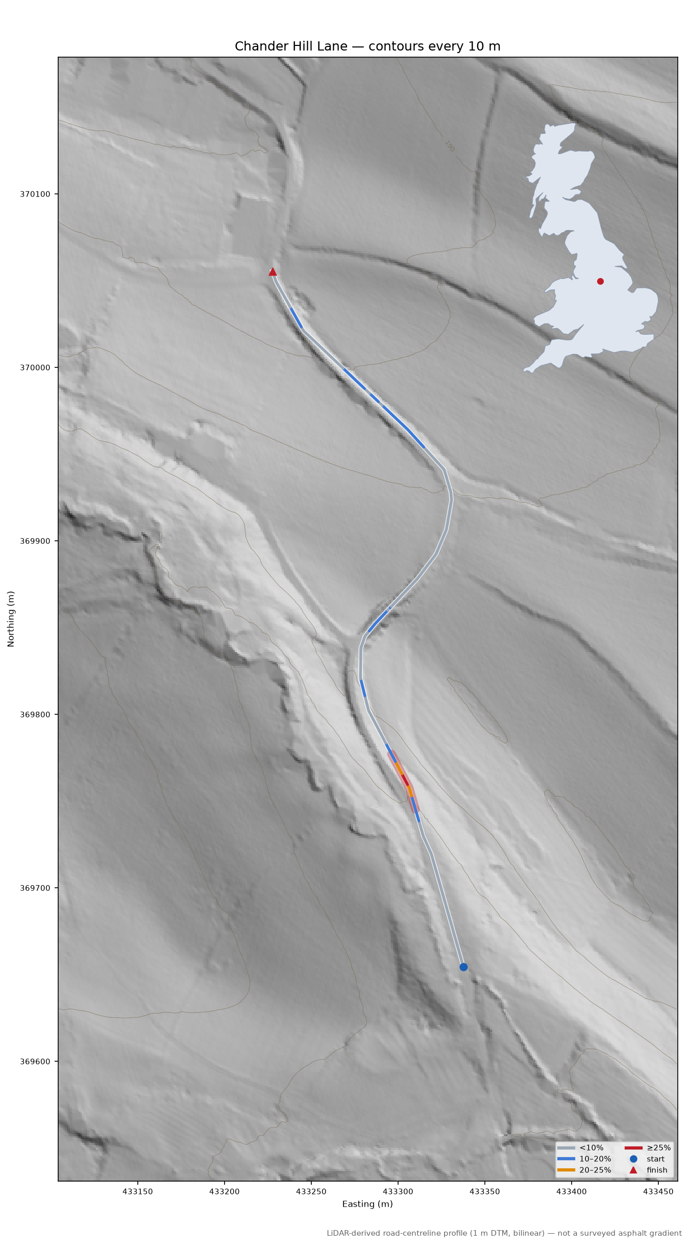 Chander Hill Lane LiDAR hillshade map with contours