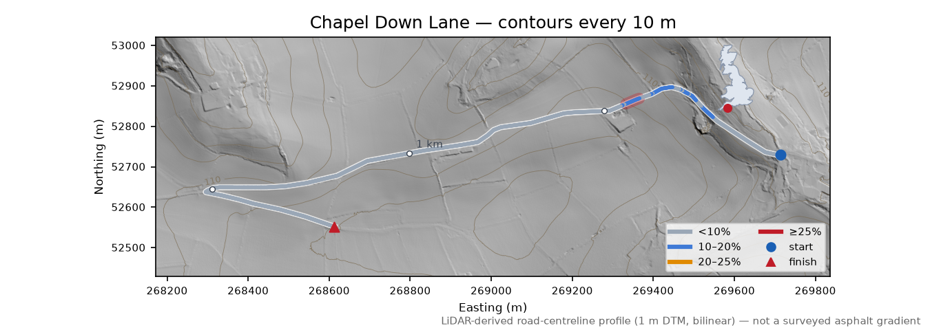Chapel Down Lane LiDAR hillshade map with contours