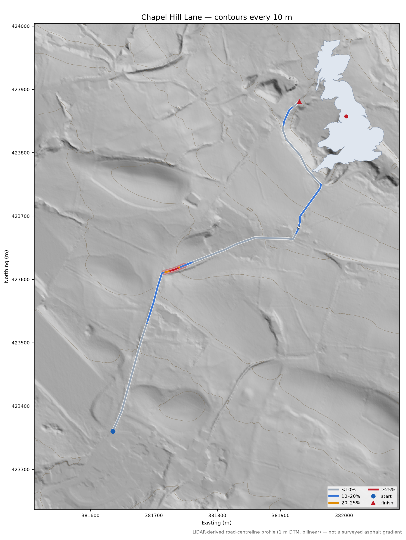 Chapel Hill Lane LiDAR hillshade map with contours