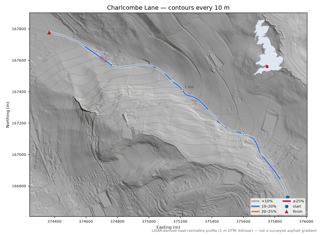 Charlcombe Lane LiDAR hillshade map with contours