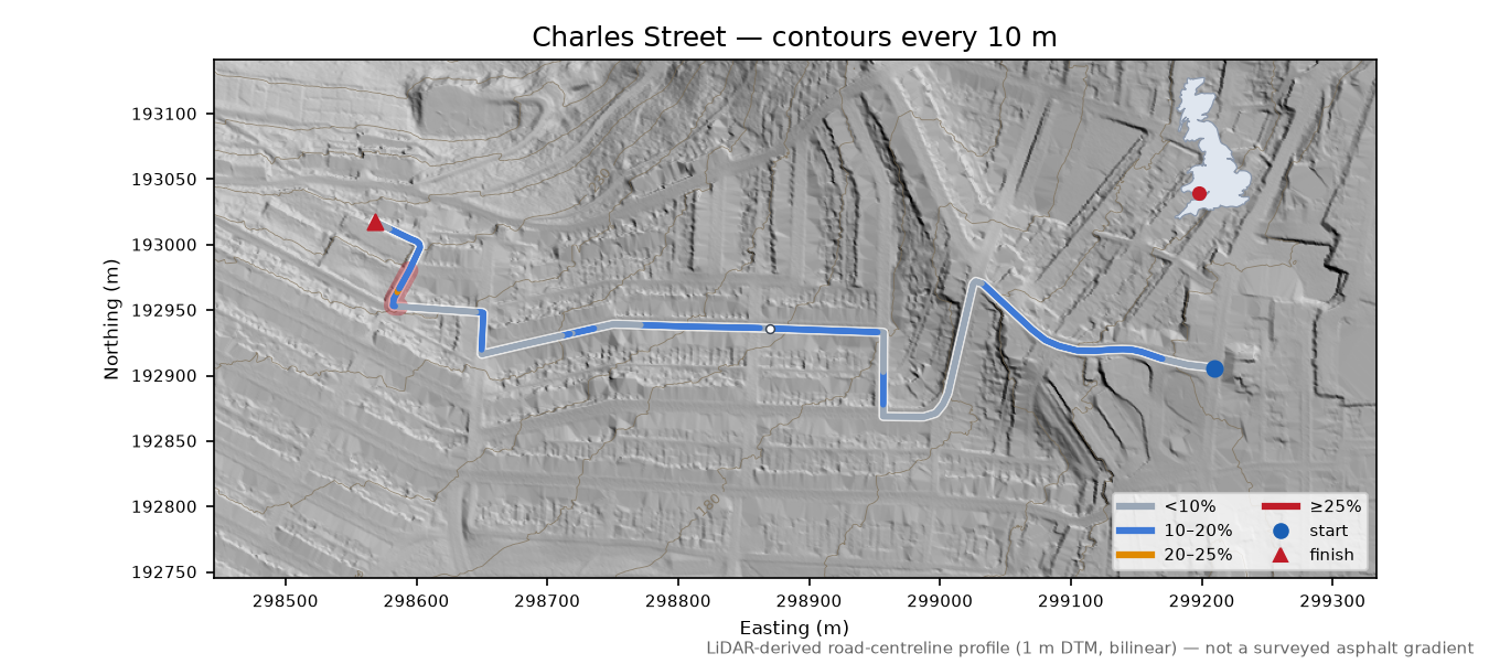 Charles Street LiDAR hillshade map with contours