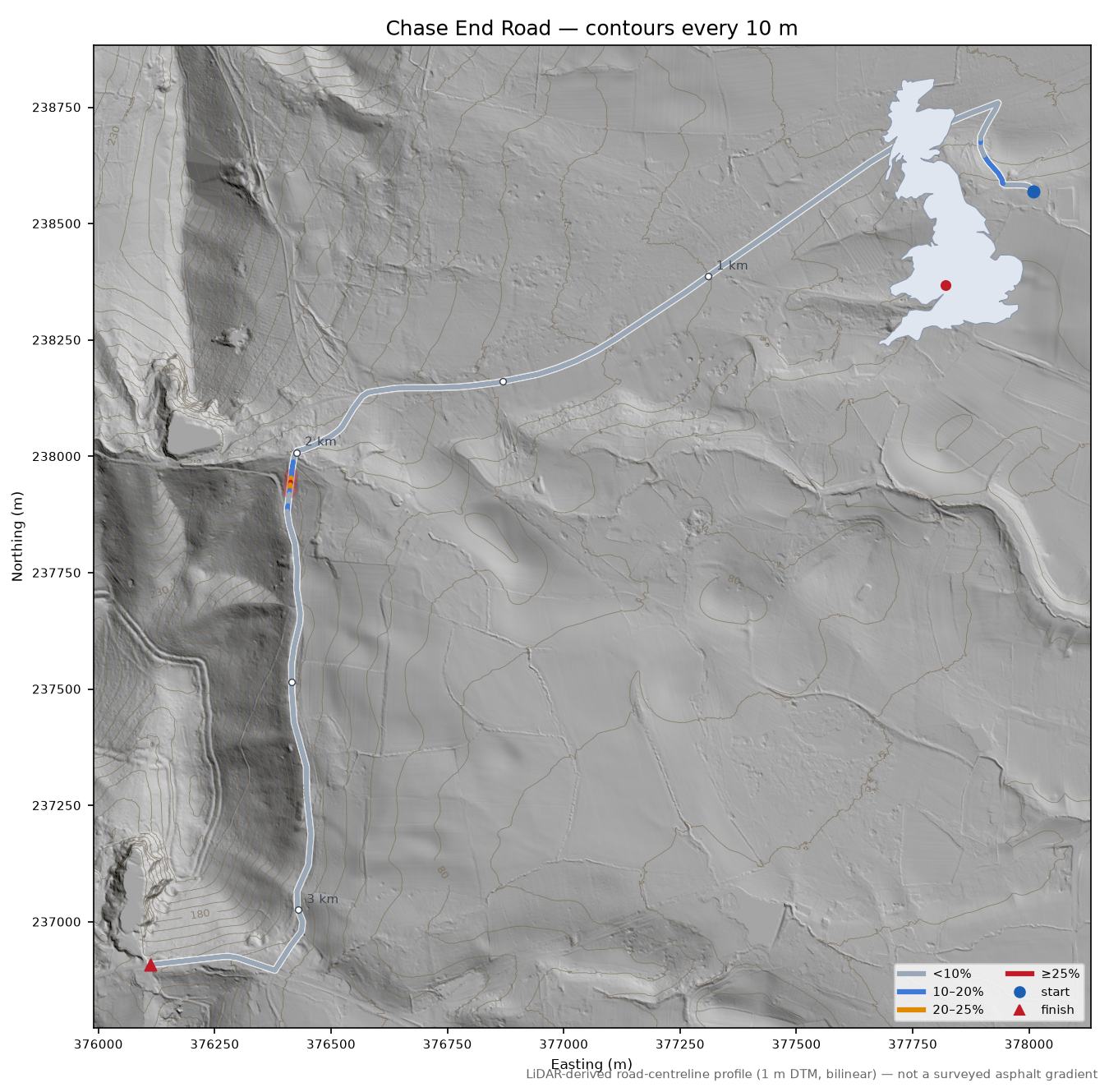 Chase End Road LiDAR hillshade map with contours