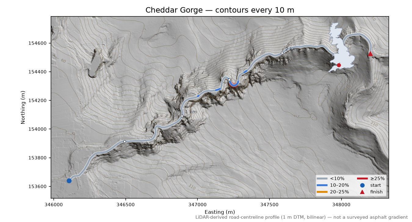 Cheddar Gorge LiDAR hillshade map with contours