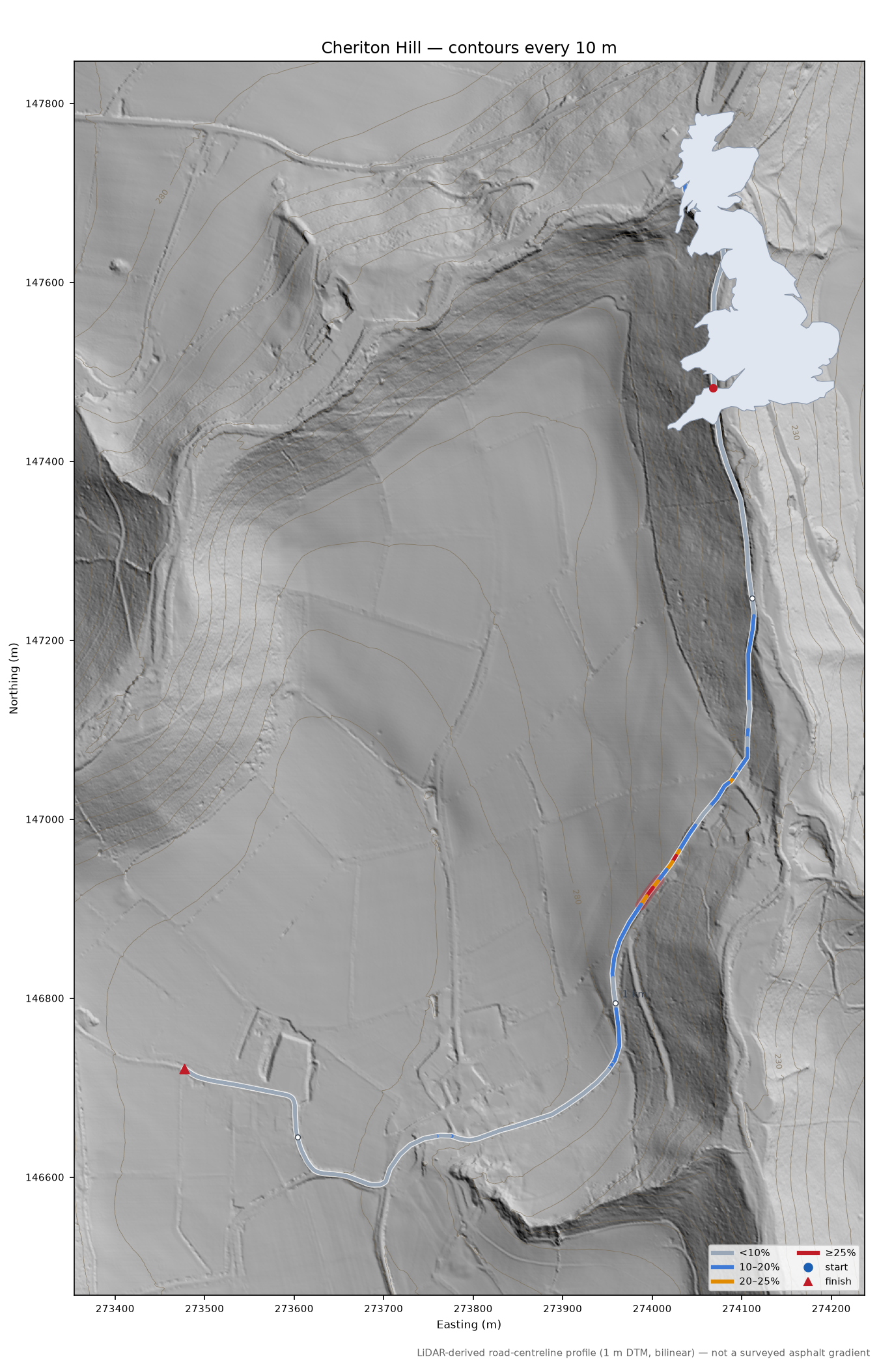 Cheriton Hill LiDAR hillshade map with contours