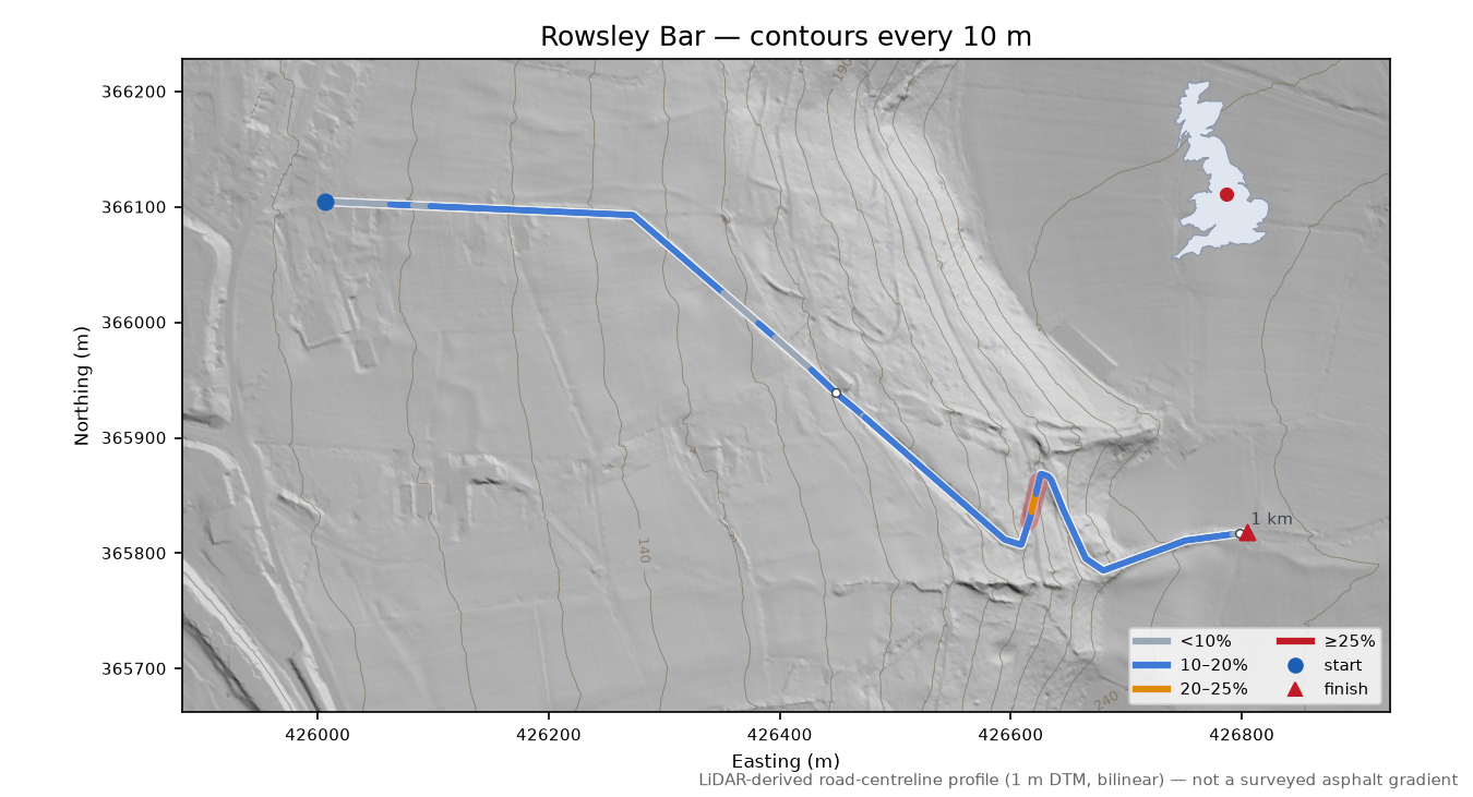 Rowsley Bar LiDAR hillshade map with contours