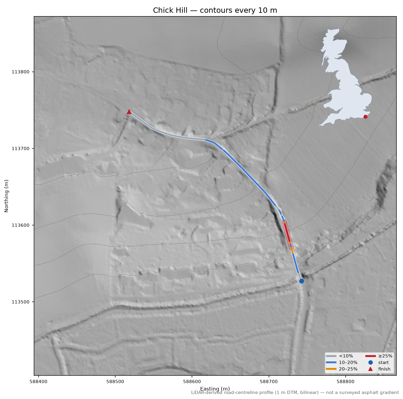 Chick Hill LiDAR hillshade map with contours