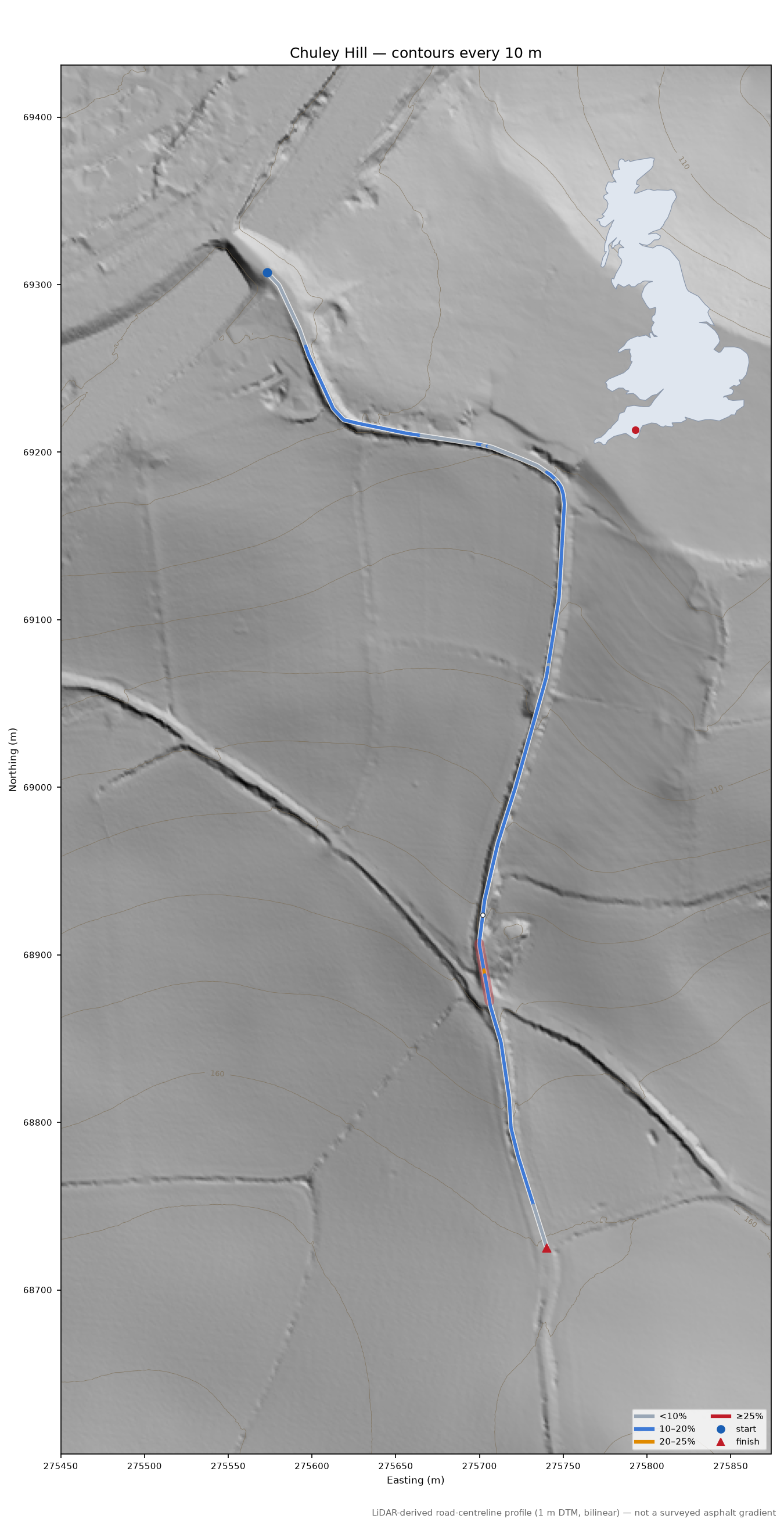 Chuley Hill LiDAR hillshade map with contours