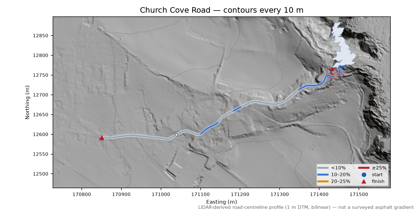 Church Cove Road LiDAR hillshade map with contours