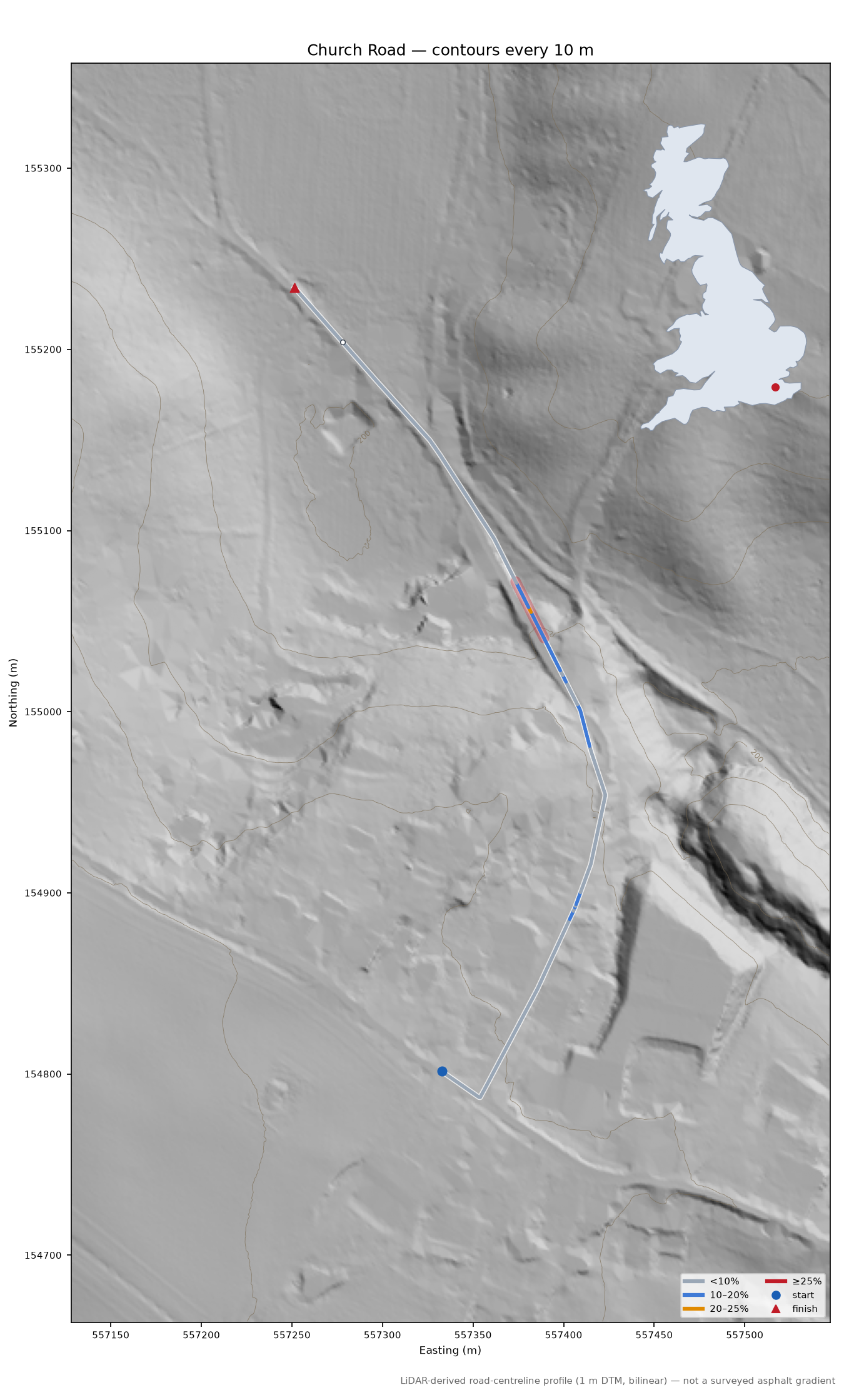 Church Road LiDAR hillshade map with contours