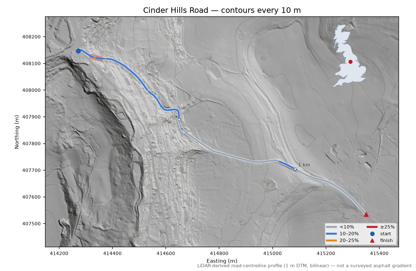 Cinder Hills Road LiDAR hillshade map with contours