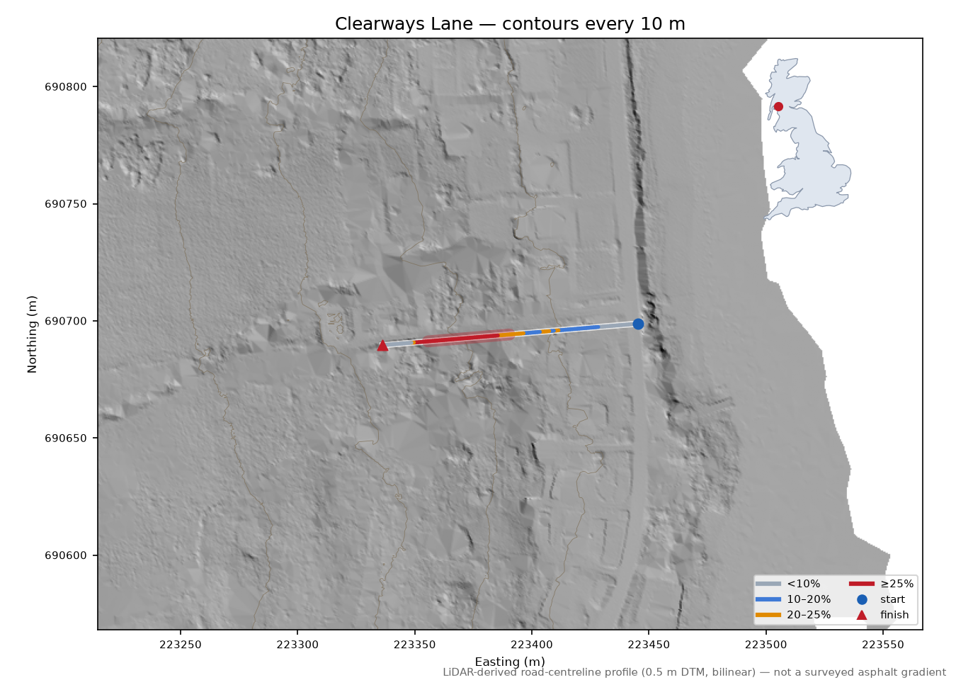 Clearways Lane LiDAR hillshade map with contours