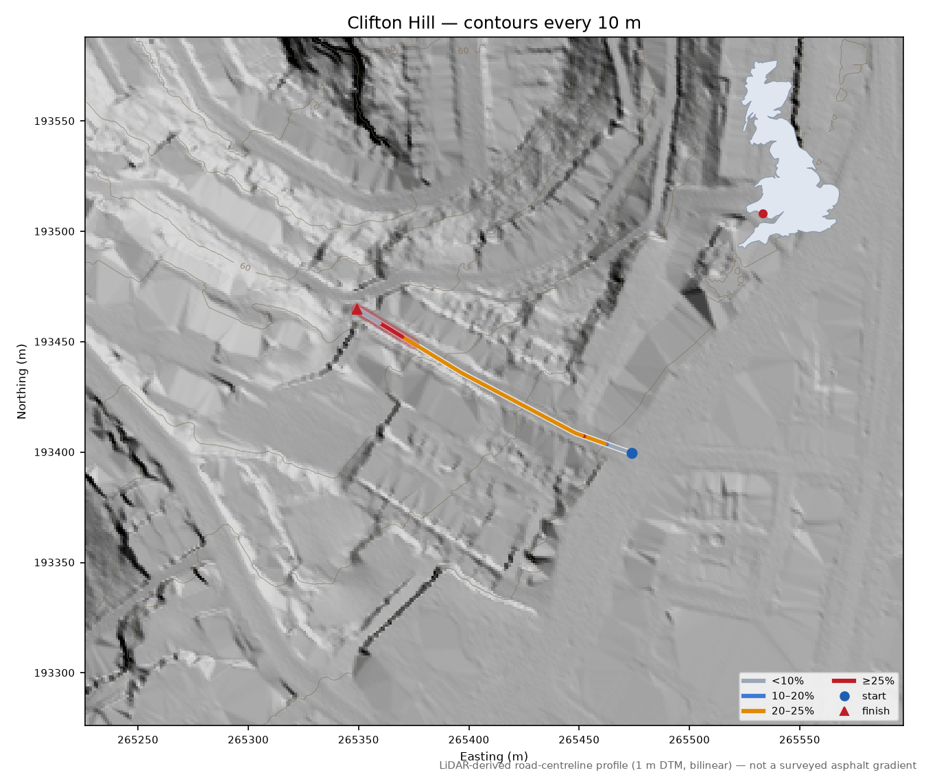 Clifton Hill LiDAR hillshade map with contours