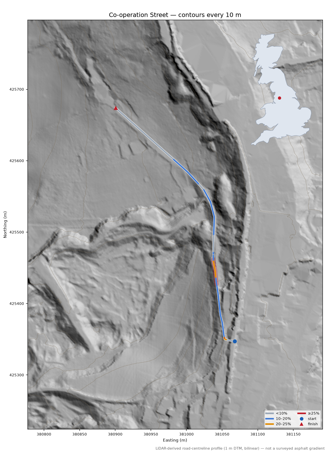 Co-operation Street LiDAR hillshade map with contours