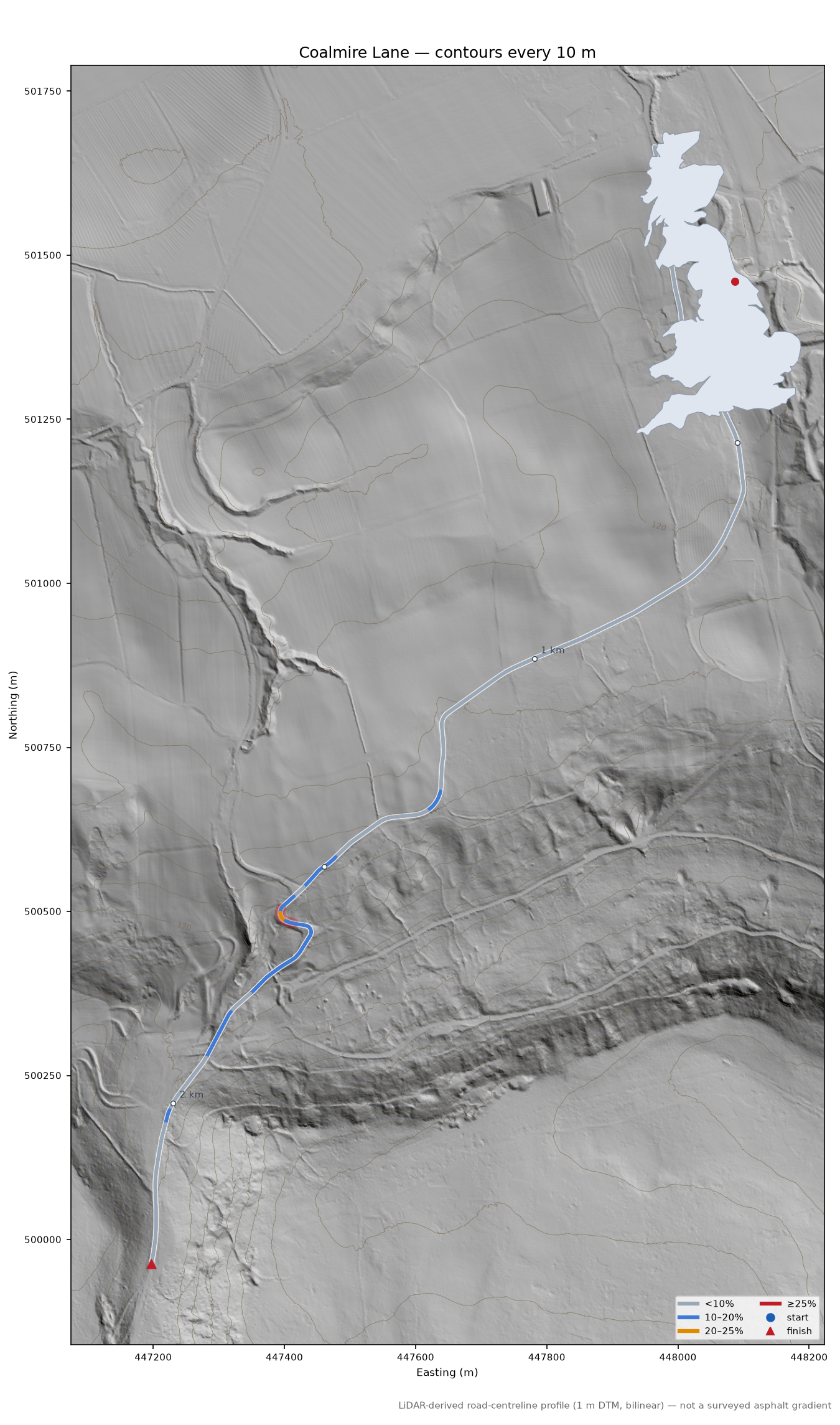 Coalmire Lane LiDAR hillshade map with contours