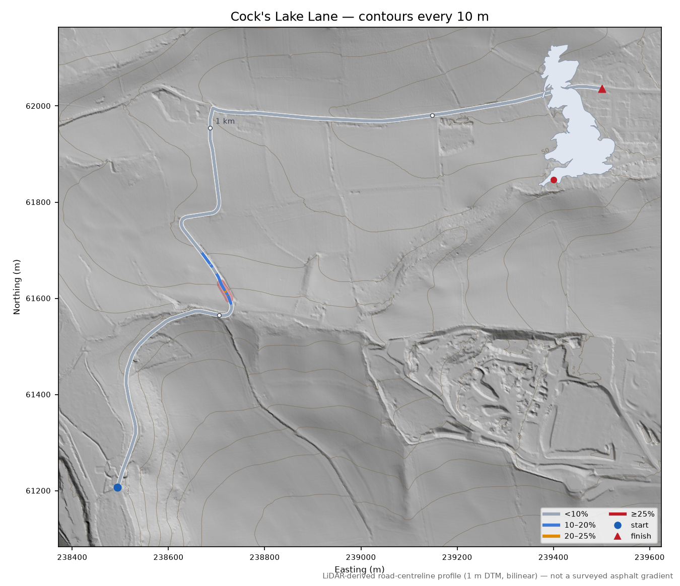 Cock's Lake Lane LiDAR hillshade map with contours