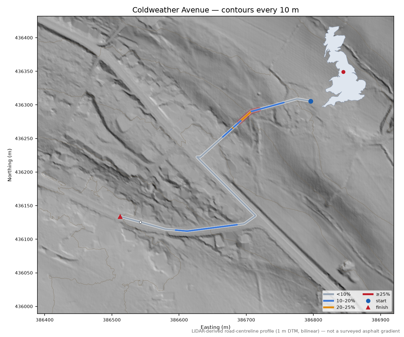 Coldweather Avenue LiDAR hillshade map with contours