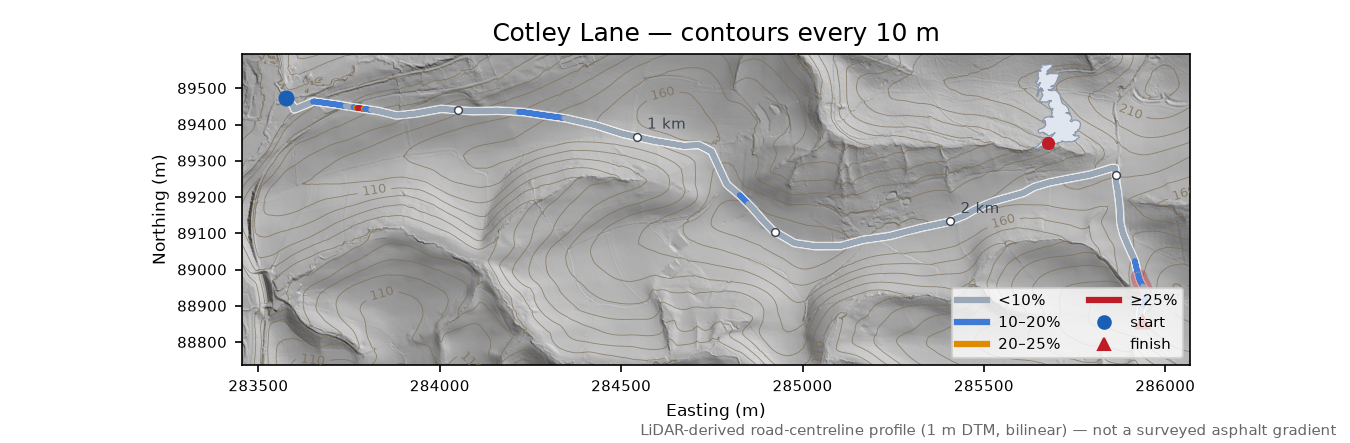 Cotley Lane LiDAR hillshade map with contours