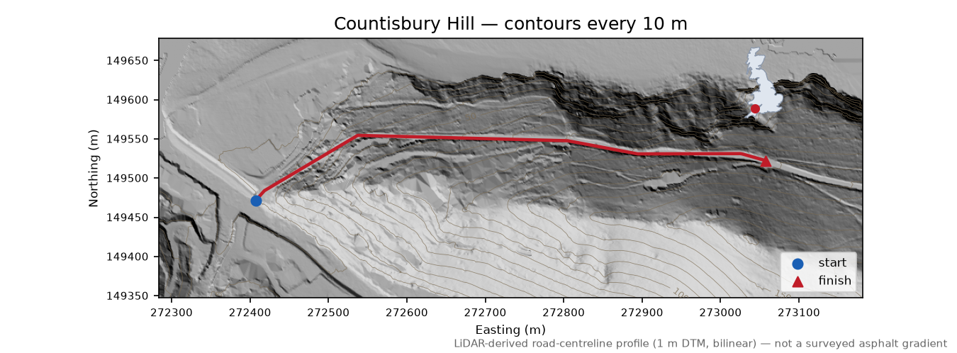 Countisbury Hill LiDAR hillshade map with contours