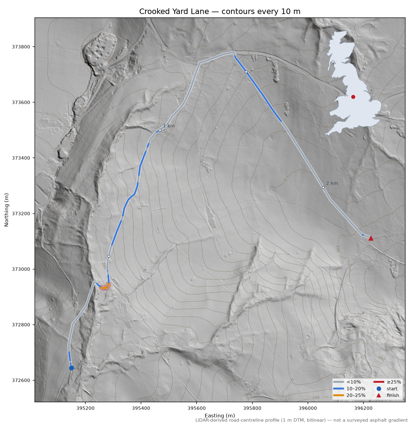 Crooked Yard Lane LiDAR hillshade map with contours
